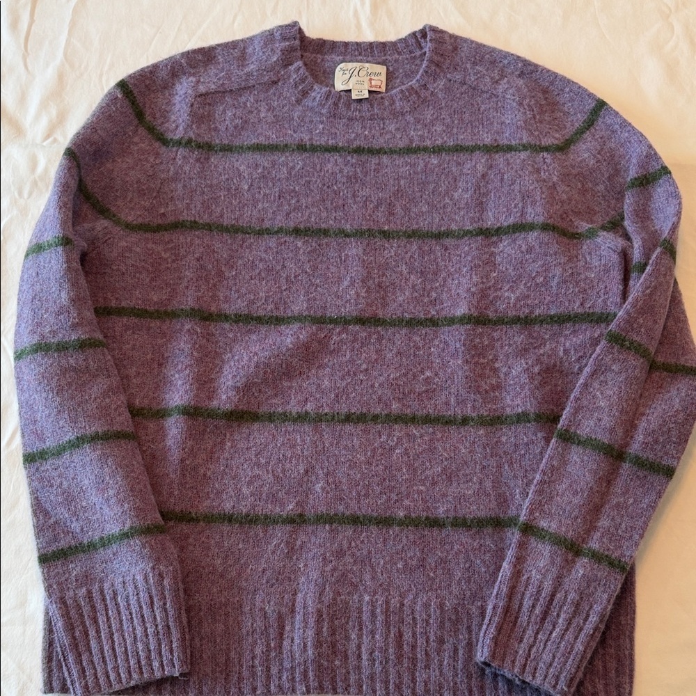 J. Crew Lavender and Olive Striped Crewneck Sweater